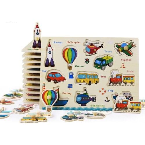 Baby Toys Montessori wooden Puzzle/Hand Grab Board Set Educational Wooden Toy Cartoon Vehicle/ Marine Animal Puzzle Child Gift