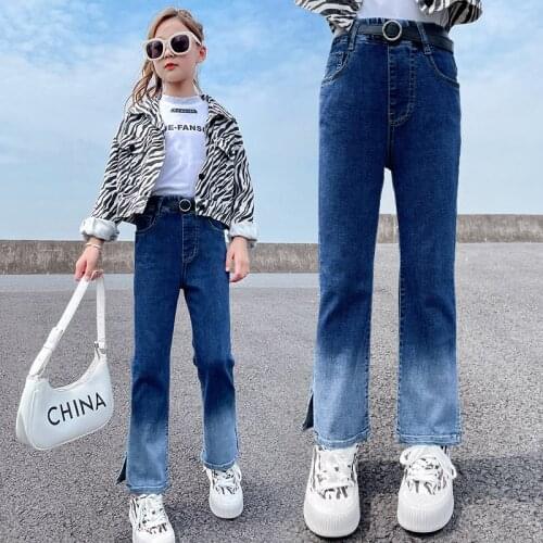 High Waisted Jeans For Girls Fashion Gradient Color Korean Casual Style Denim Pants Kids New Autumn Hot Sale Streetwear Trousers