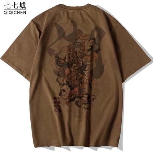 Chinese Monkey King Embroidery T Shirt Men Hip Hop Vintage Summer Harajuku Tshirts Men Streetwear Brown Cotton Tee Tops Couple
