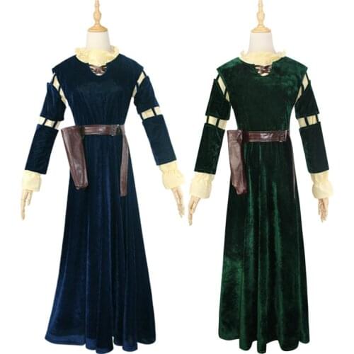 Halloween Medieval Retro Girl Brave Merida Princess Wig Cosplay Costume Carnival Party Stage Women Evening Party Dress Cape Robe