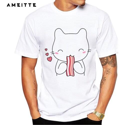 Fashion Cute Cat eating bacon T-Shirt Summer custom bacon lover Printed T Shirt Mens Hipster Streetwear Short Sleeve Tops Tee
