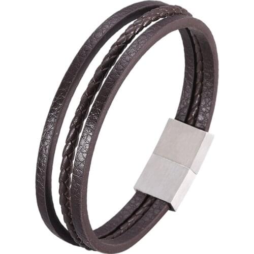 Fashion Simple Multilayer Braided Leather Bangle Bracelet for Men Stainless Steel Magnetic Clasp Wristband Hand Jewelry SP1058