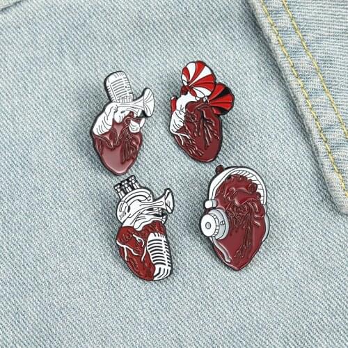 Music Heart Enamel Pins Saxophone Phonograph Headset Microphone Brooches Red White Badge Denim Shirt Lapel Pin Jewelry Wholesale