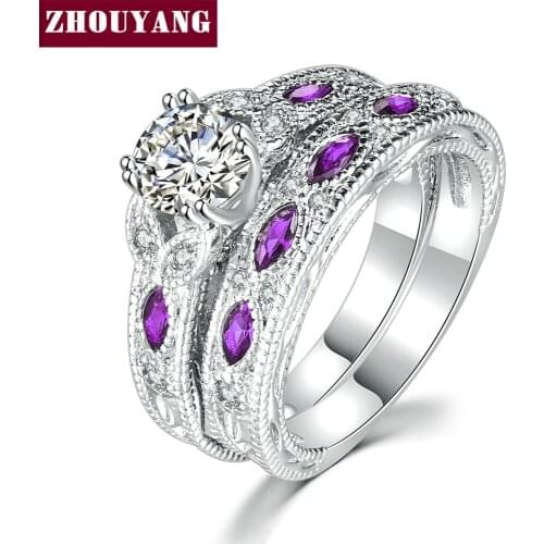 ZHOUYANG Ring Set For Women Round-cut Pink Blue leaf Cubic Zirconia Silver Color Fashion Jewelry Wedding Gift YG035 YG036 YG037