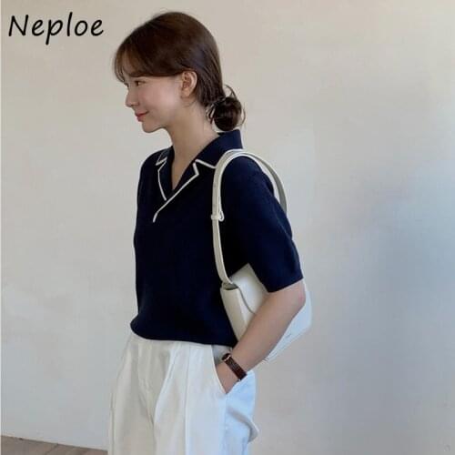 Neploe Hit Color Patchwork Knit T Shirt Women Turn Down Collar Short Sleeve Loose Tees Summer 2021 New Fashion Ladies Top