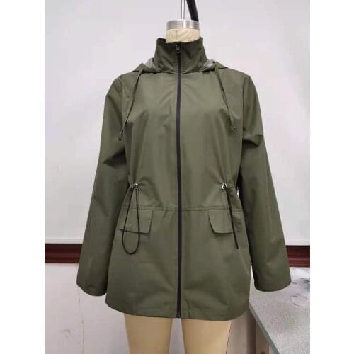 Womens V-neck long-sleeved waterproof fabric pure color zipper casual windbreaker with drawstring pockets