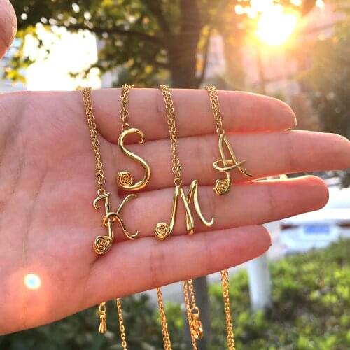 Rose Flower 26 Letters Initial Necklace for Women A-Z Capital Letter Chain Necklace Gold Stainless Steel Necklace Christmas Gift