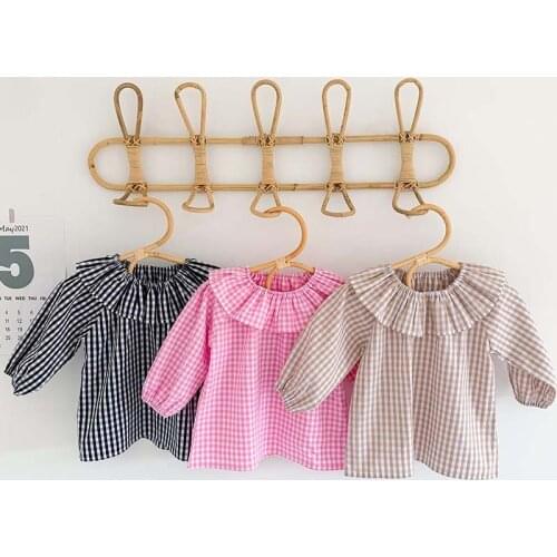 Baby GirlsT-shirt New Spring Korean Long sleeve Lace Collar Bottoming Shirt Cotton Lattice Infant Girls Clothes Top
