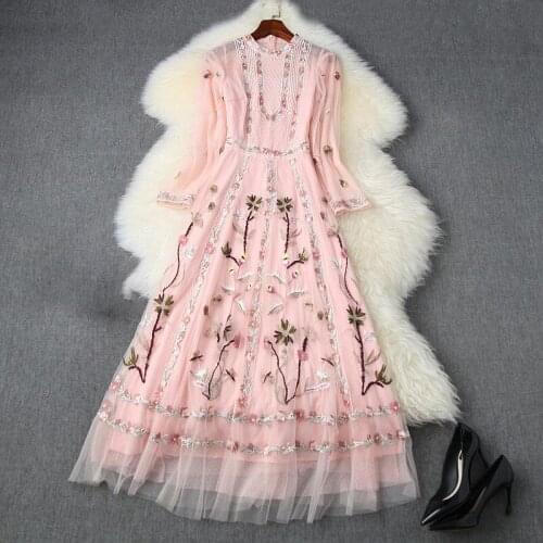 Seifrmann Women Summer Fashion Designer Party Midi Dress Long Sleeve High Waist Embroidery Ladies Mesh A-Line Dress vestidos