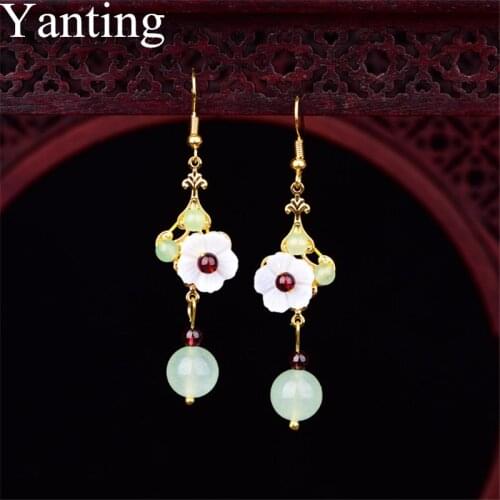 Yanting Ethnic Shell Flower Earrings Natural Garnet Chalcedony Stone Earrings Handmade Jewellery Gifts For Women Female 045
