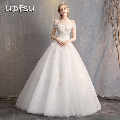 UDFSU Women Off Shoulder Lace Simple Wedding Dresses Vintage Tulle Princess Ball Gowns Boat Neck Appliques Wedding Gown