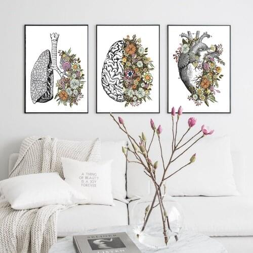 Vintage Anatomy Floral Heart Brain Lungs Print Poster Art Printable Wall Decor Canvas Painting Medical Clinic Wall Picture Decor