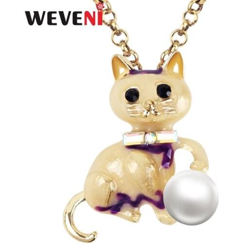 WEVENI Enamel Alloy Pearl Elegant Cat Necklace Chain Choker Crystal Rhinestone Pendant Jewelry For Women Girls Lady Accessories