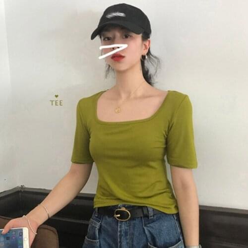 2021 Woman T-shirts Chic Summer Ins Solid Simple Square Collar Clavicle Versatile Stretch Slim Short-sleeve Female Top Tide