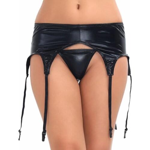 Black Women Wetlook Patent Leather Garter Panty Plastic Clip Sock Garter Panty Belt Holder Fastener Suspender with G-string