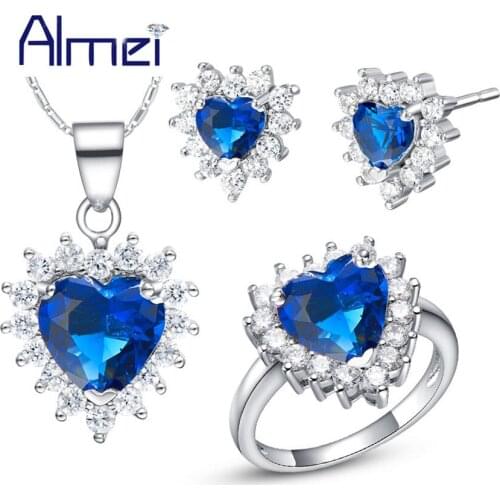 Almei Blue Pink Heart Jewelry Sets Women Wedding Bridal Crystal Earrings Jewellery Silver Color Necklace Ring Sieraden T475