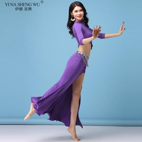 New Women Bellydance Costume 2 Piece Set Sexy Long Sleeve Oriental Dance Performance Show Wear Modal Blouse Side Slit Skirt
