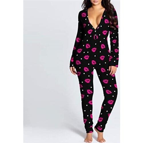 Fashion Hot Sale Valentine Day Sleepwear Jumpsuit Long Sleeve Butt Flap Romper Women V-neck Heart Lip Print One Piece Nightwear