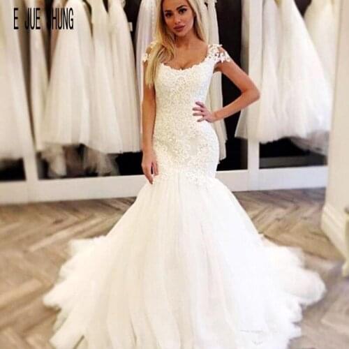 E JUE SHUNG Modest Mermaid Wedding Dresses Cap Sleeves Scoop Neck Lace Appliques Bride Bridal Gown Country robe de mariee