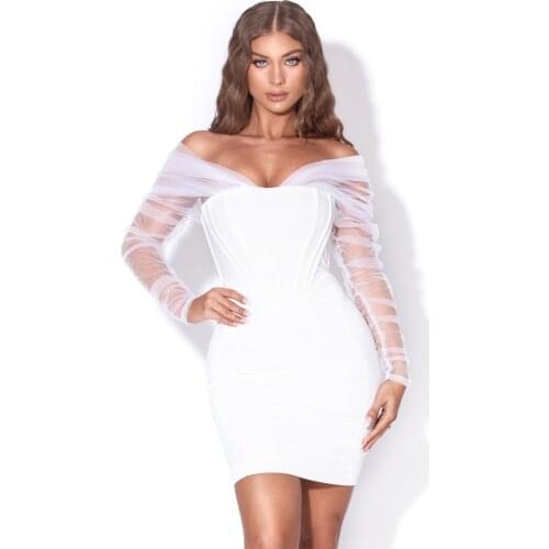 2021 New Fashion Women Sexy Lace Long Sleeve V Neck Mini Bodycon Bandage Party Dress