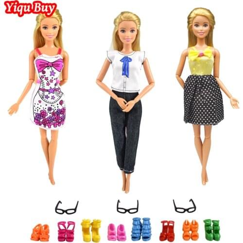 9 Item/set Doll Supplies = 3 Pcs Doll Dress Clothes + 3 Pcs Glasses + Random 3 Pairs Shoes for Doll Accessories Kids Toys Gift