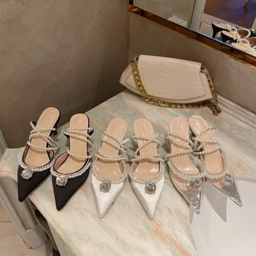 2021 Spring Summer New Bridesmaid Brides Wedding Shoes Womens Pointed Pearl Diamond Thin Heel Sandals High Heel Shoes Women