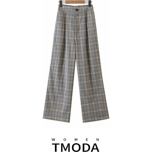 TMODA184 Vintage Plaid Suit Women Pants Zipper Button Stretch High Wiast Long Trousers 2020 New Elegant Wide Leg Pants