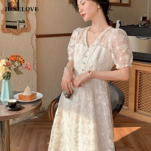 JuneLove Summer Elegant Midi Dress Women V-Neck Solid Short Sleeve Lace Vintage Dress Female French Evening Party Dress Korean