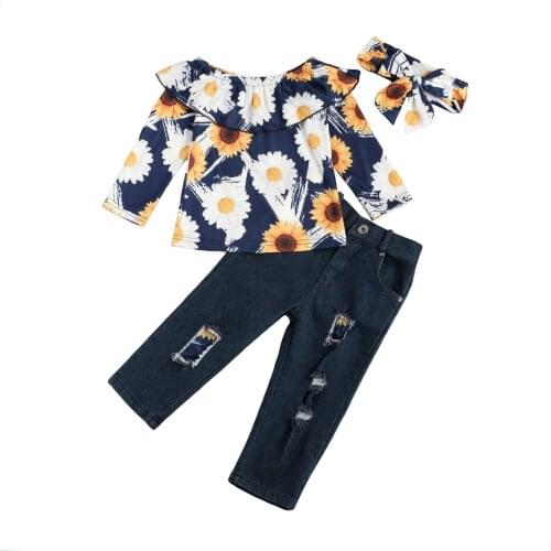 2020 New Fall Autumn 1-6Y Kids Baby Girl 3Pcs Set Ruffled Round Neck Floral Print Long Sleeve Top+Pockets Ripped Jeans+Headband