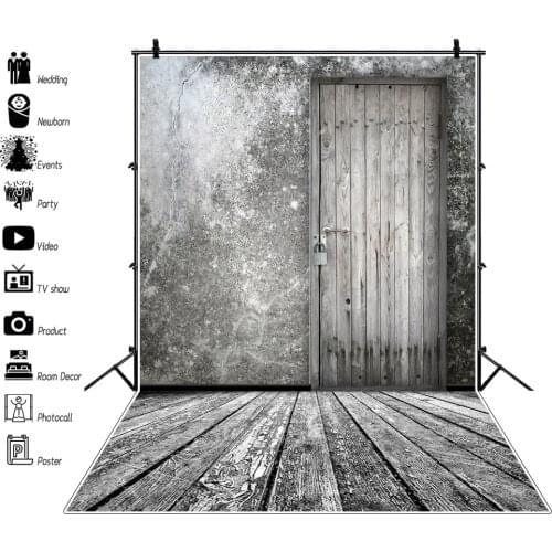 Laeacco Photo Backgrounds Old Dark Cement Wall Wooden Door Floor Grunge Party Child Portrait Photography Backdrop Photocall
