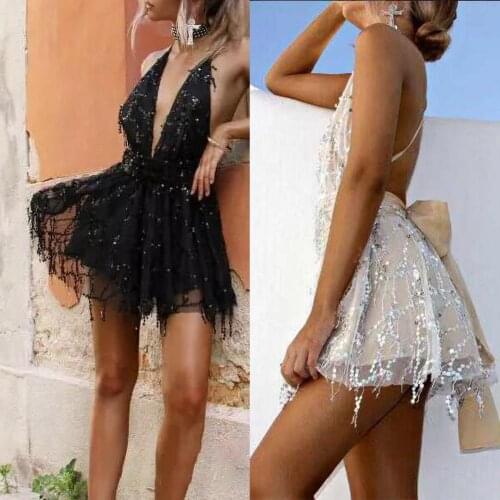 Summer Dress Sexy Women Sequins Tassel Deep V Neck Backless Halter Party Evening Mini Dress Sequin Bandage Nightclub Party Dress