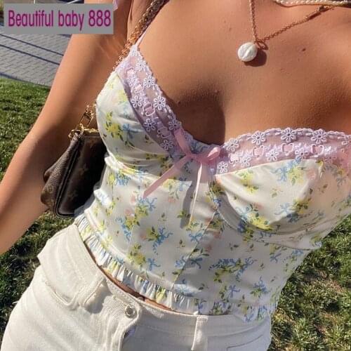 Meqeiss 2020 New Bow Lace Floral Print Sweet Crop Tops Women Sleeveless Summer Y2K Cute Top Sexy Straps Backless Bralette Tops