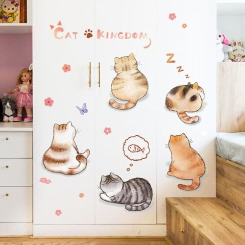 Cartoon Cute Cat Wall Stickers for Girls Bedroom Baby Room Decals Living Room Decoration Vinyl Self Adhesive Wallpaper