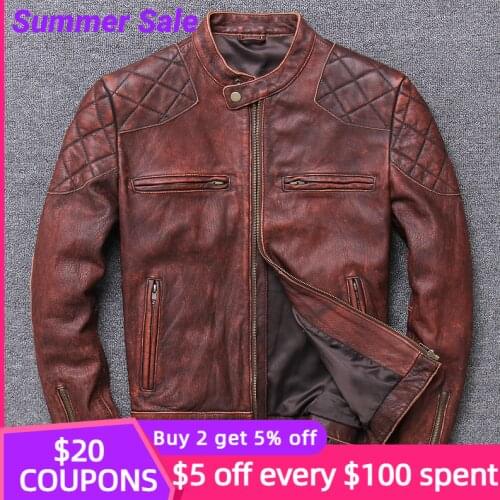 2021 Vintage Brown Men Short Genuine Motorcycle Leather Jacket Plus Size 3XL Autumn Russian Thick Cowhide Bikers Natural Coat