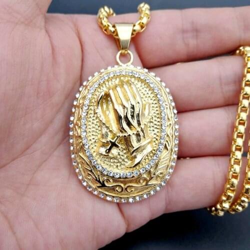 HIP HOP Mens Iced Out Praying Hands Pendant Necklace with 24 inch Rope Chain BLING Prayer Jesus Hand Necklace Dropshipping