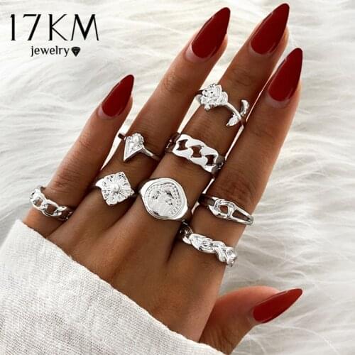 17KM Trendy Geometric Silver Color Rond Rings Set For Women Fashion Chain Rings Party Jewelry Gift