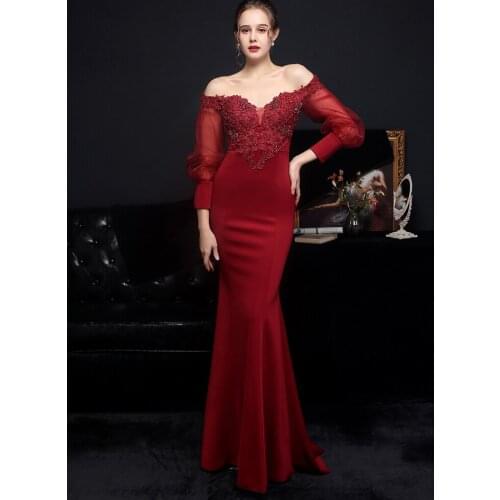 Partysix 2021 Off shoulder dress Women See through Tulle Long Sleeve Dress Elegant Satin wine red Appliques Evening Dress