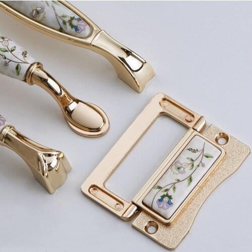 Cabinet Door Drawer Knobs Vintage Printing Flower Golden Handles for Chest of Drawers Cupboard Pull Handle