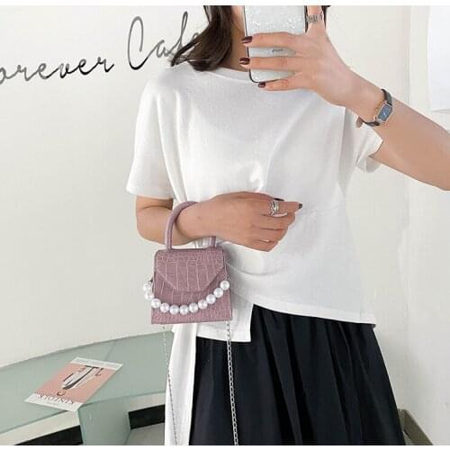 Net Red Crocodile Pearl Hand-held Small Square Bag Womens Bag New 2020 Summer Fashion One Shoulder Slant Cross Handbag Purple