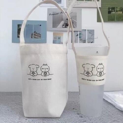 Cute Water Bottle Holder Carry Bag Coffee Cup Storage Sleeve Cover Canvas Printing Milk Tea Set Drinking Bottle Strap Portable