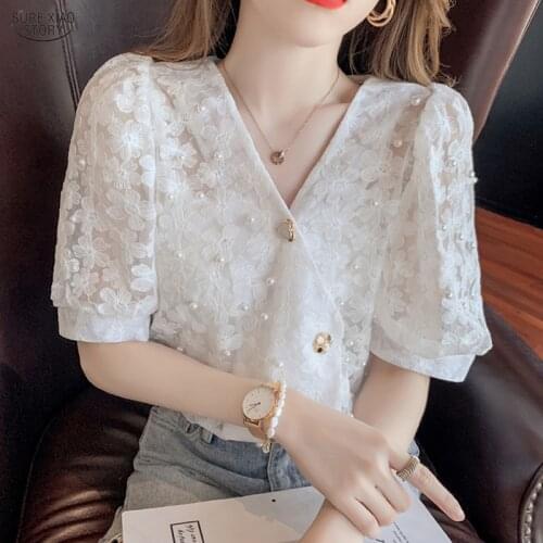 Short Sleeve Hook Floral Hollow Tops New Summer Puff Sleeve Women Blouses 2021 Beading V-neck Fashion Lace Shirt Blusas 15134