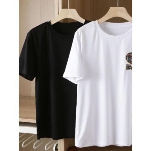 2020 Autumn and Winter New Simple Round Neck Short-sleeved Letter Embroidery Sleeves Stitching Thick Flower T-shirt Women