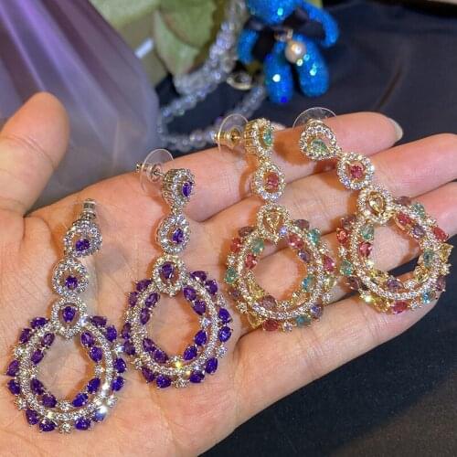 EYER Super Luxury Full Cubic Zirconia Statement Dangle Drop Round Earrings For Women Bridal Dubai Big Colorful Banquet Jewelry