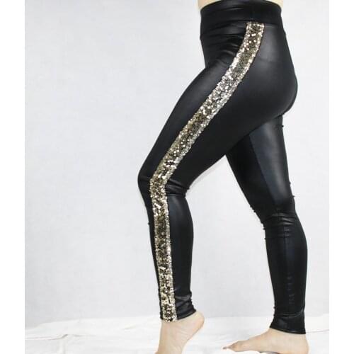 Babbytoro Womens Leggings Faux Leather Side Glitter Beads Shinny Vinyl Gothic Jeggings Plus Size 5xl 4xl S Leggins Mujer