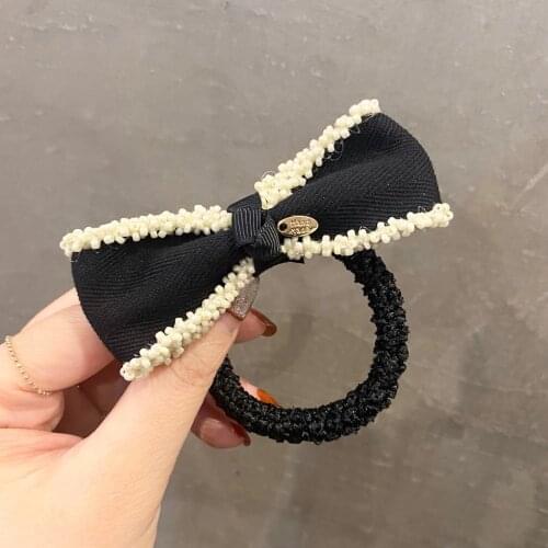 Women Solid Color Hair Bows Elastic Hair Bands Barrette Korean Pearl Flower Rhinestone Bow Hair Accessories Hairpins Wholesale