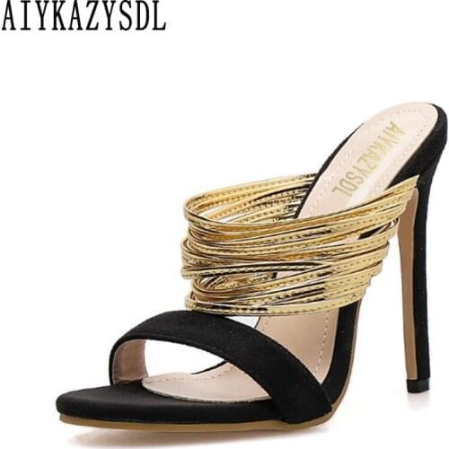 AIYKAZYSDL Women Mules Slides Mixed Color Shoes Strappy Open Toe Sandals Summer High Heels Stilettos Fetish Party Clubwear Shoes