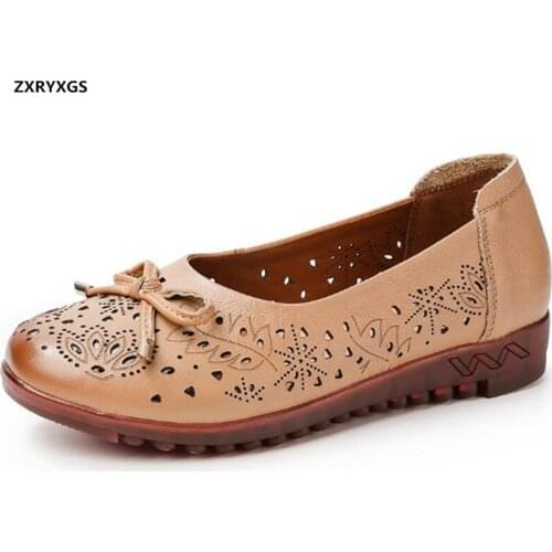 Top Cowhide Hollow Women Leather Shoes Flat Shoes Woman Sandals 2020 Soft Sole Non-slip Comfortable Shoes Fashion Casual Shoes