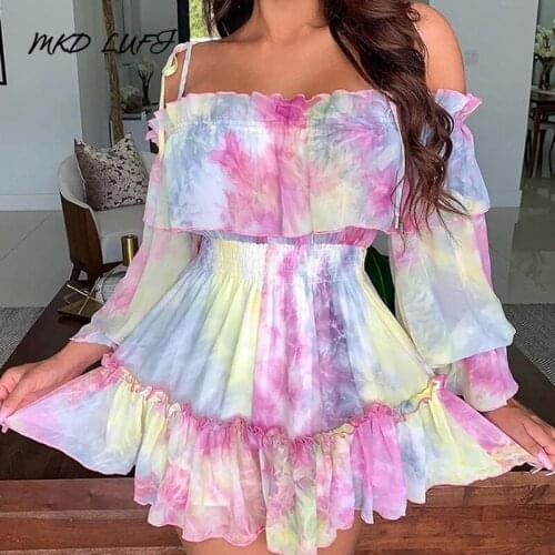 Graffiti Print Ruffles Sexy Off Shoulder Mini Dress Women Spaghetti Strap Slash Neck Above Knee Dress