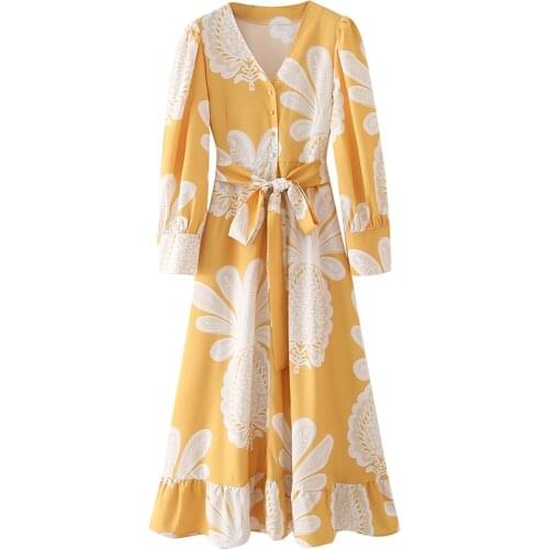 YENKYE Vintage Floral Print Long Maxi Dress Women V Neck With Belt A-line Casual Dress Female Summer Holiday Vestido