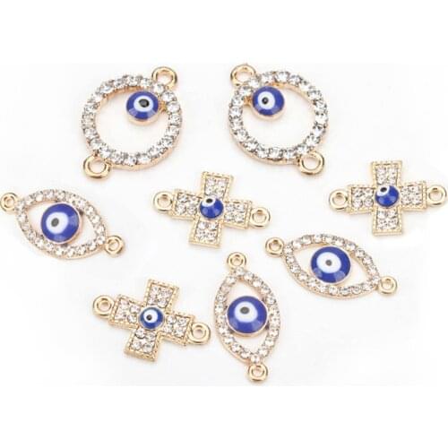 10Pcs/Lot Crystal Rhinestone Alloy Blue Evil Eye Connectors Pendant DIY For Jewelry Findings Making Bracelet Earrings Necklace